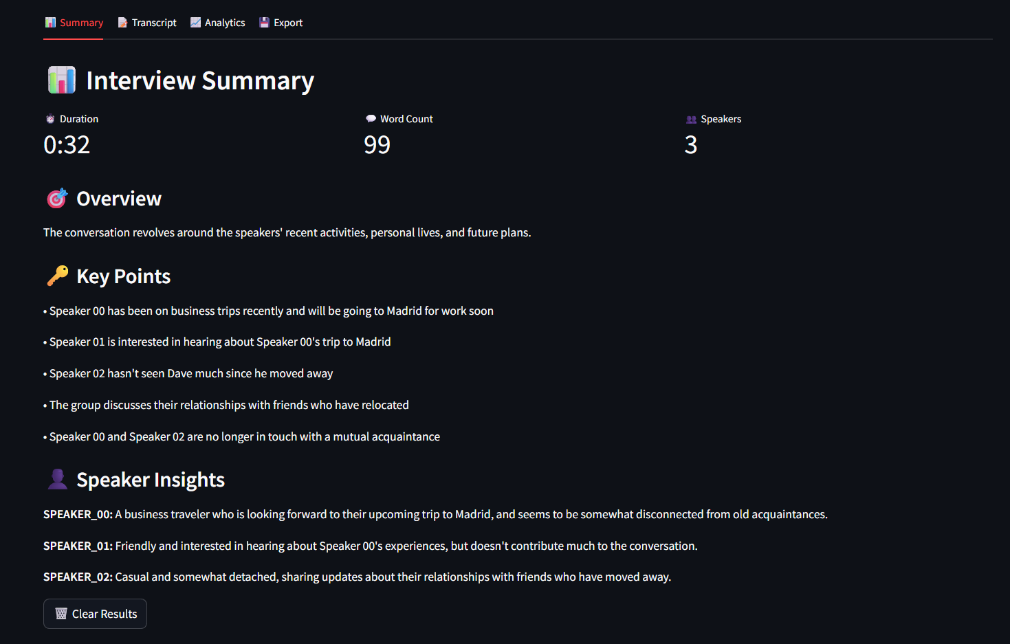 Samurai Scribe meeting summary showing duration, word count, speaker count, overview, key points, and speaker insights